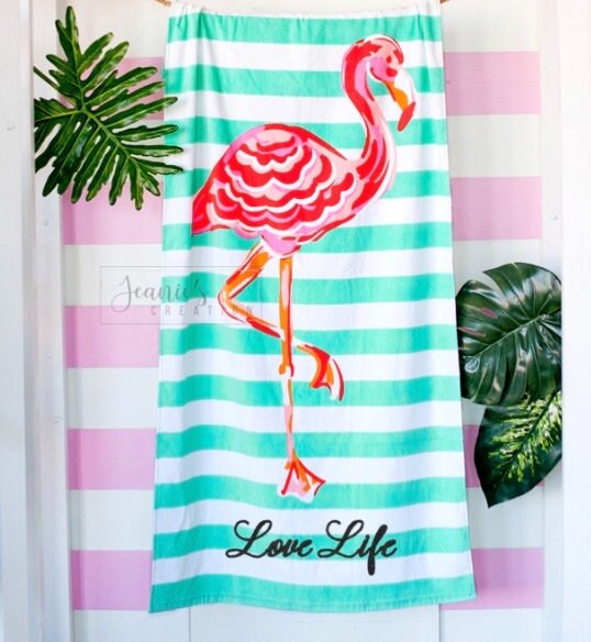 Personalized Flamingo Beach Towel, Monogrammed Flamingo Stripes Towel