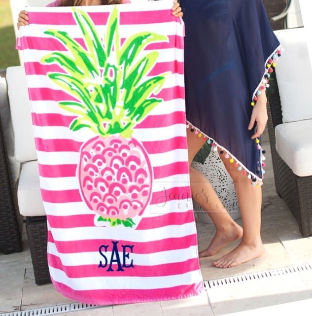 Personalized Pineapple Beach Towel, Monogrammed Pineapple Stripes Towel