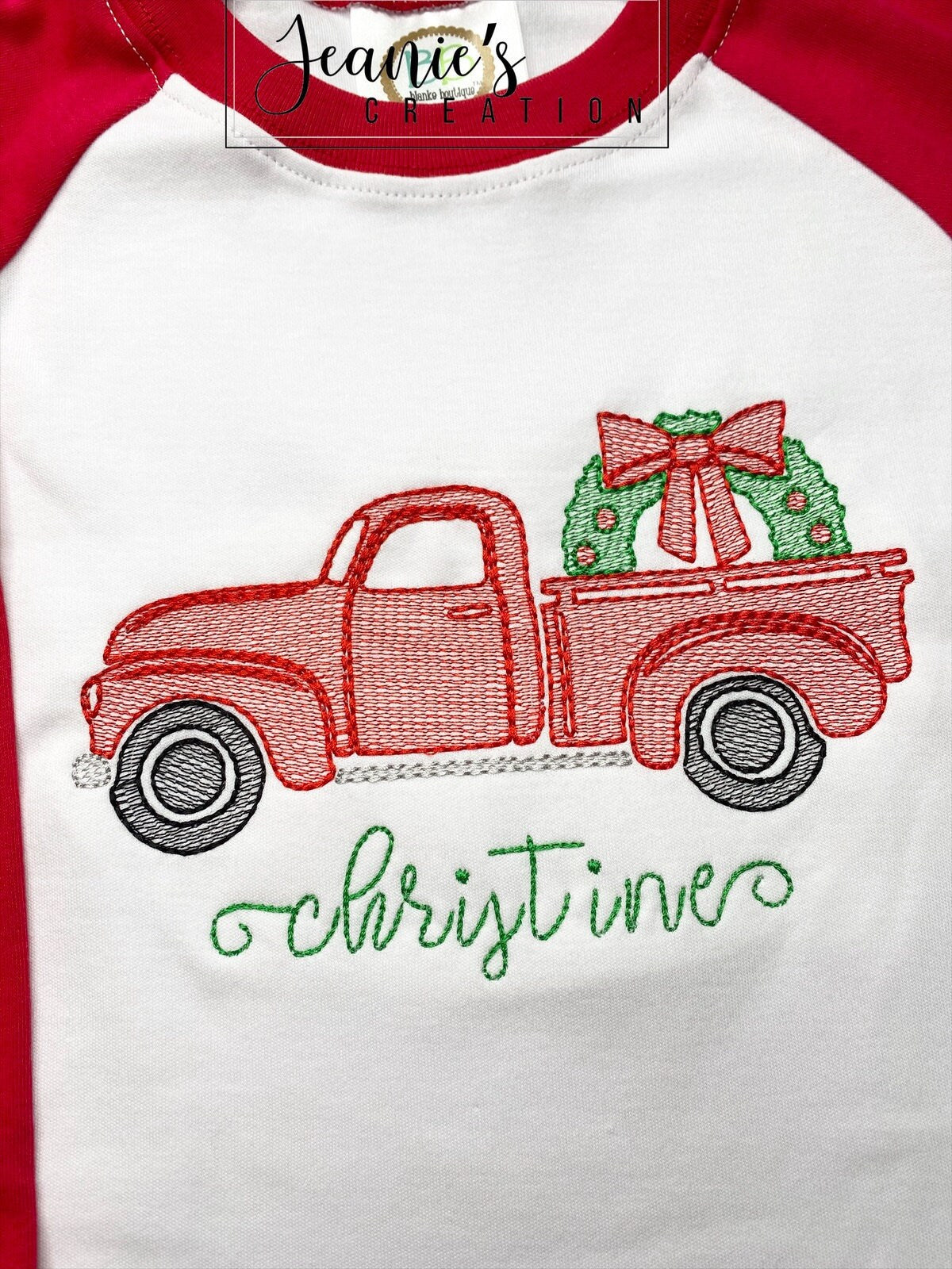 Vintage Christmas Truck Shirt, Embroidery Classic Christmas Truck with Wreath Shirt for Girl, Monogram Christmas Wreath in Truck Raglan