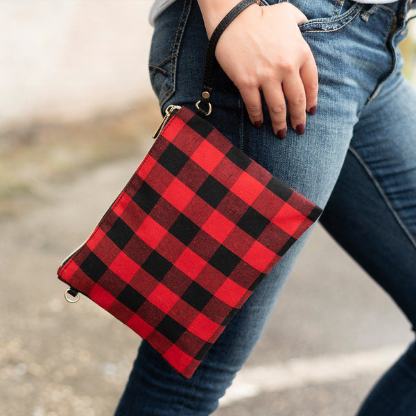 Personalized Red Buffalo Check Purse, Monogrammed Red Checkers Wristlet, Christmas Gift for Her, Embroidery Red Buffalo Crossbody Bag