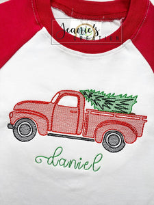 Vintage Christmas Truck Shirt, Embroidery Classic Christmas Truck with Tree Shirt for Baby Toddler , Monogram Christmas Tree in Truck Raglan