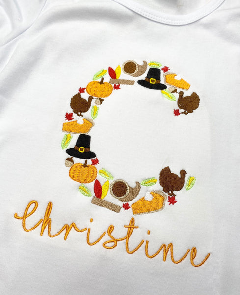 Personalized Thanksgiving Name Shirt, Embroidery Thanksgiving Initial Name for Baby Toddler , Monogram Thanksgiving Name Top