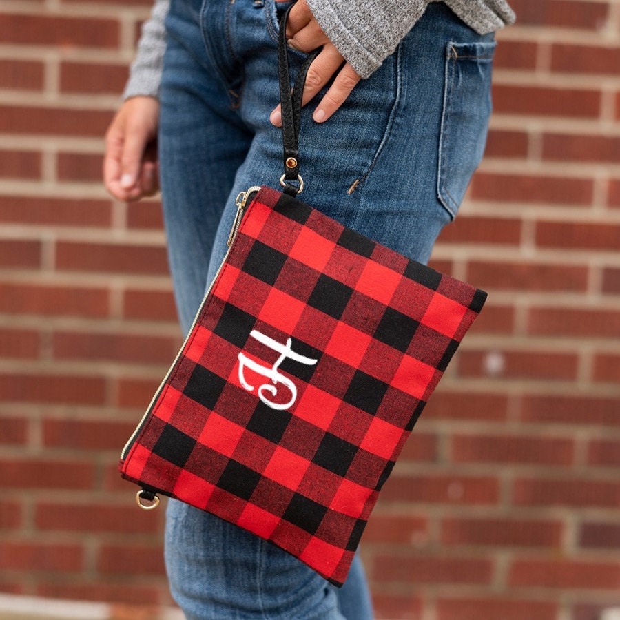 Personalized Red Buffalo Check Purse, Monogrammed Red Checkers Wristlet, Christmas Gift for Her, Embroidery Red Buffalo Crossbody Bag