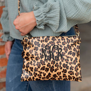 Personalized Leopard Purse, Monogrammed Leopard Wristlet, Christmas Gift for Her, Embroidery Leopard Crossbody Bag, Leather Leopard purse