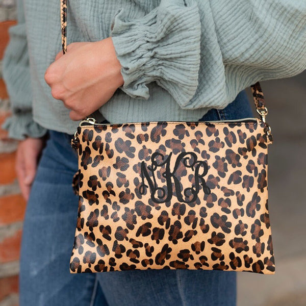 Personalized Leopard Purse, Monogrammed Leopard Wristlet, Christmas Gift for Her, Embroidery Leopard Crossbody Bag, Leather Leopard purse