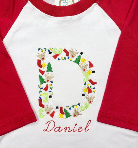 Personalized Christmas Name Shirt, Embroidery Christmas Initial Name for Baby Toddler , Monogram Christmas Name Raglan