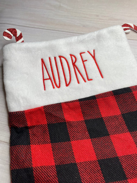 Personalized Red Plaid Christmas Stocking, Embroidered Buffalo Plaid Christmas Stocking, Family Christmas Personalized Stocking