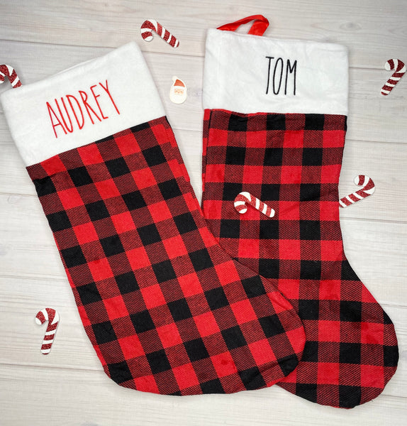 Personalized Red Plaid Christmas Stocking, Embroidered Buffalo Plaid Christmas Stocking, Family Christmas Personalized Stocking