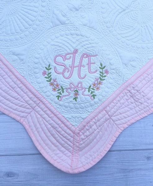 Personalized baby blanket, Embroidered Girly Bow baby quilt blanket, Monogrammed baby girl blanket, Baby shower gift