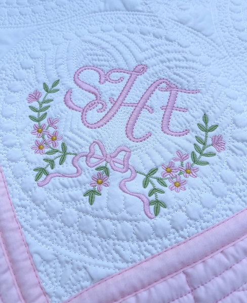 Personalized baby blanket, Embroidered Girly Bow baby quilt blanket, Monogrammed baby girl blanket, Baby shower gift