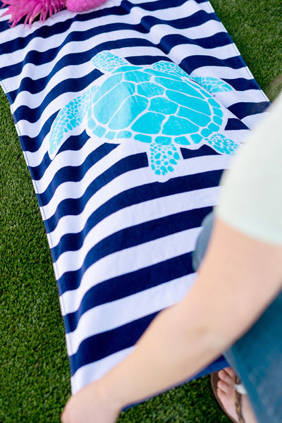 Personalized Sea Turtle Beach Towel, Monogrammed Sea Turtle Stripes Towel