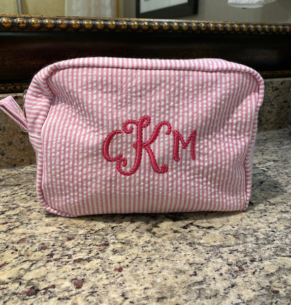 Personalized Monogrammed Seersucker Cosmetic Bag, Personalized Travel Toiletry Bag, Monogrammed Toiletry Bag