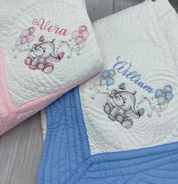 Personalized baby quilt blanket, Embroidered Elephant Baby quilt blanket, Monogrammed baby blanket, Baby shower gift