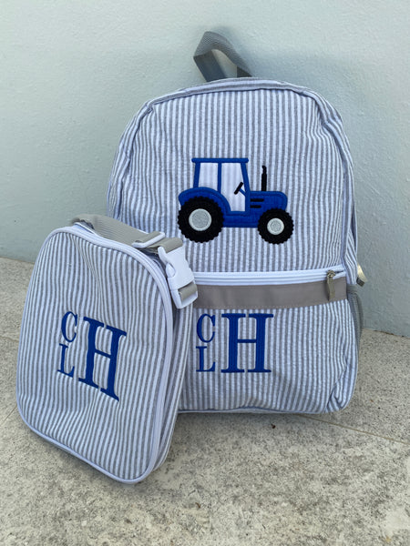 Seersucker Tractor Backpack Set