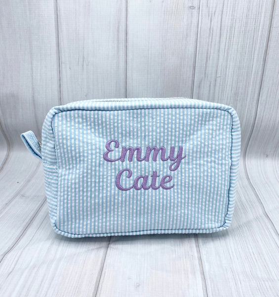 Personalized Seersucker Cosmetic Bag, Personalized Travel Toiletry Bag, Monogrammed Toiletry Bag, Personalized Seersucker Pouch