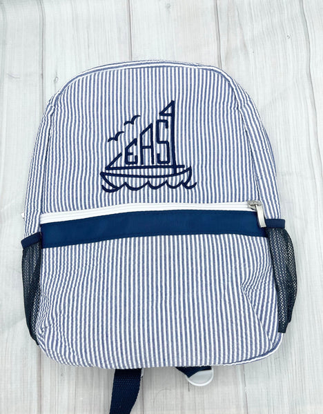 Monogrammed Baby Backpacks, Personalized Toddler Backpacks, Seersucker Backpack, Preschool Book Bag, Toddler School Bag, Sailboat Backpack