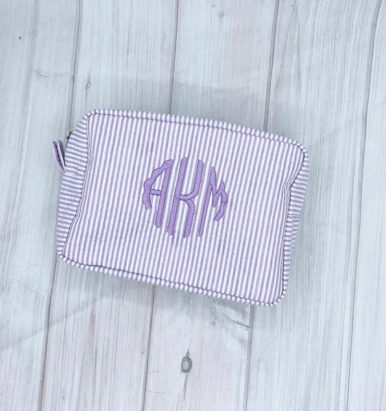 Personalized Seersucker Cosmetic Bag, Personalized Travel Toiletry Bag, Monogrammed Toiletry Bag, Personalized Seersucker Pouch