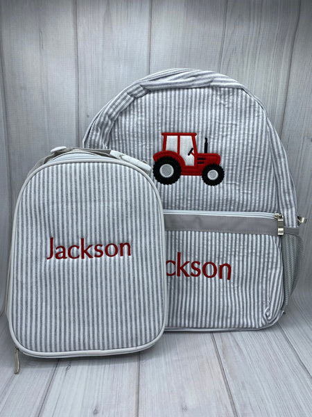 Personalized Seersucker Backpack, Tractor Backpacks, Seersucker Toddler Backpack, Preschool Book Bag, Boy Diaper Bag