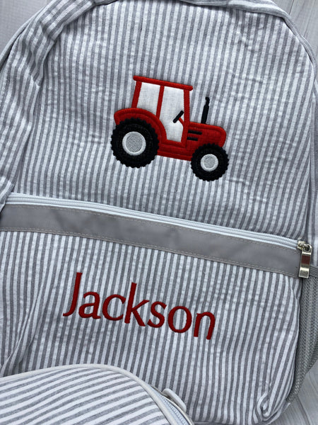 Personalized Seersucker Backpack, Tractor Backpacks, Seersucker Toddler Backpack, Preschool Book Bag, Boy Diaper Bag