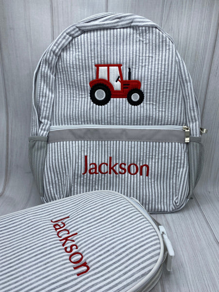 Personalized Seersucker Backpack, Tractor Backpacks, Seersucker Toddler Backpack, Preschool Book Bag, Boy Diaper Bag