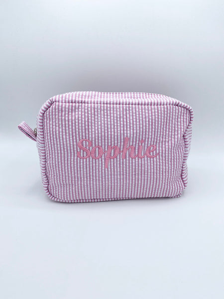 Personalized Seersucker Cosmetic Bag, Personalized Travel Toiletry Bag, Monogrammed Toiletry Bag, Personalized Seersucker Pouch