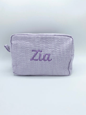 Personalized Seersucker Cosmetic Bag, Personalized Travel Toiletry Bag, Monogrammed Toiletry Bag, Personalized Seersucker Pouch